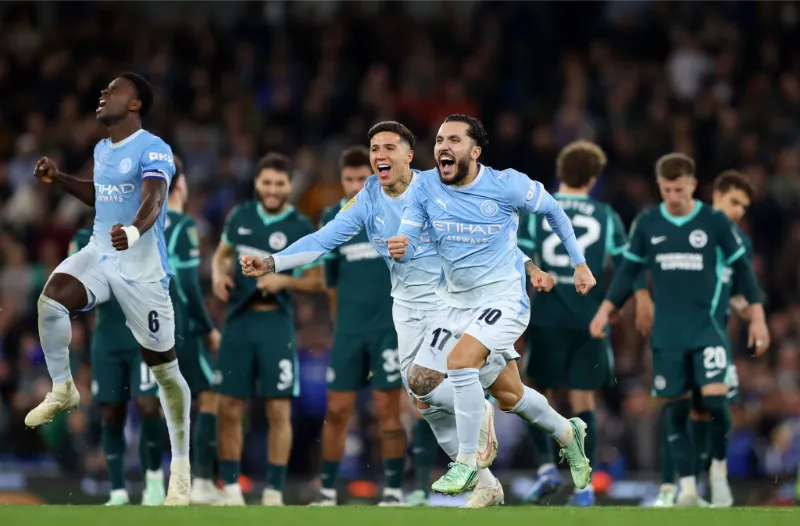 Manchester City twice fight back before edging Brighton in penalty shootout