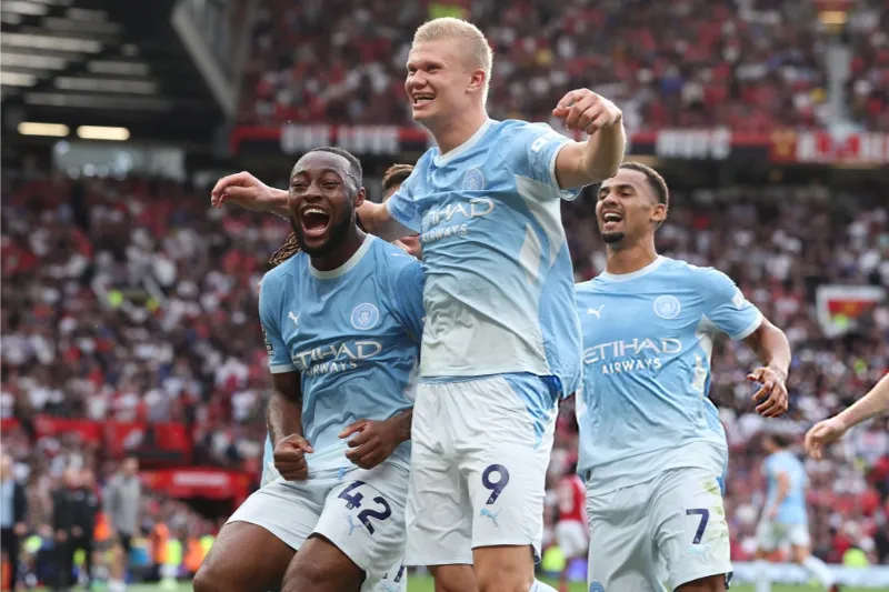 Haaland fires 10-man Manchester City past United in controversial derby